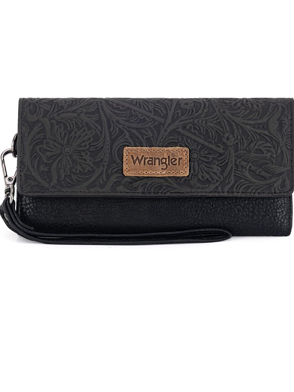 Wrangler Black Floral-Embossed Wristlet with Brown Logo Patch